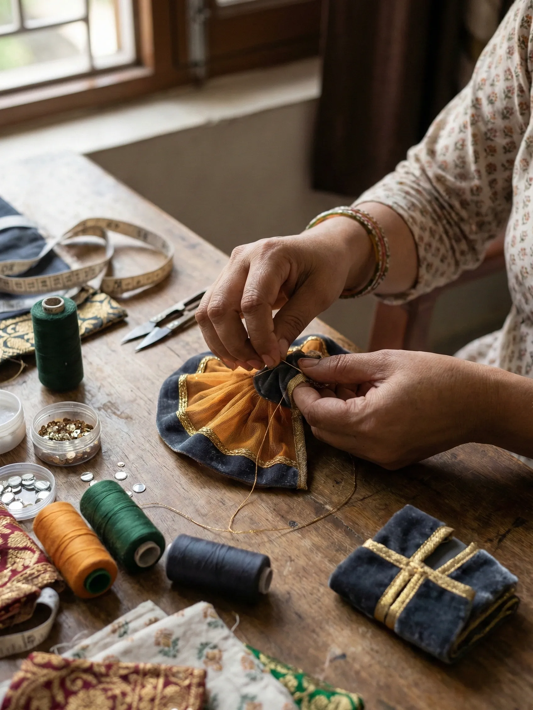 Artisan hand-stitching embroidered Laddu Gopal poshak with intricate butti work at Gopalji Fashion