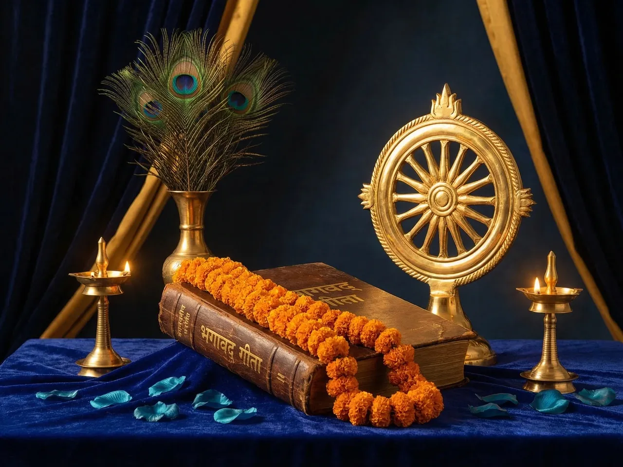 Gita Jayanti Laddu Gopal poshak: Royal blue and golden brocade or katan silk poshak