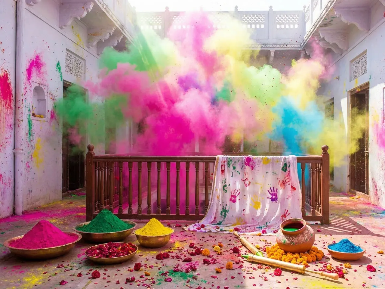 Holi Laddu Gopal poshak: White cotton base poshak with colourful accents, Radha-Krishna pair dressing