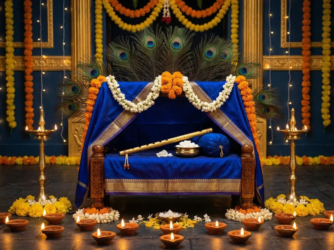 Janmashtami Laddu Gopal poshak: Grand silk or velvet with heavy embroidery, full jewellery, peacock mukut