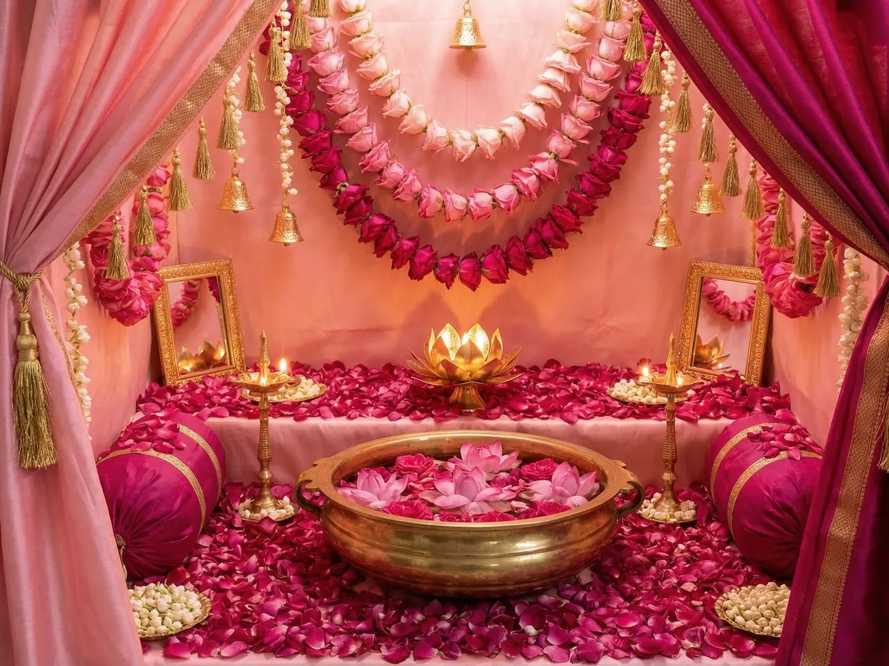 Radha Ashtami Laddu Gopal poshak: Pink and gold Radha-Krishna couple poshak in chanderi or silk with floral motifs