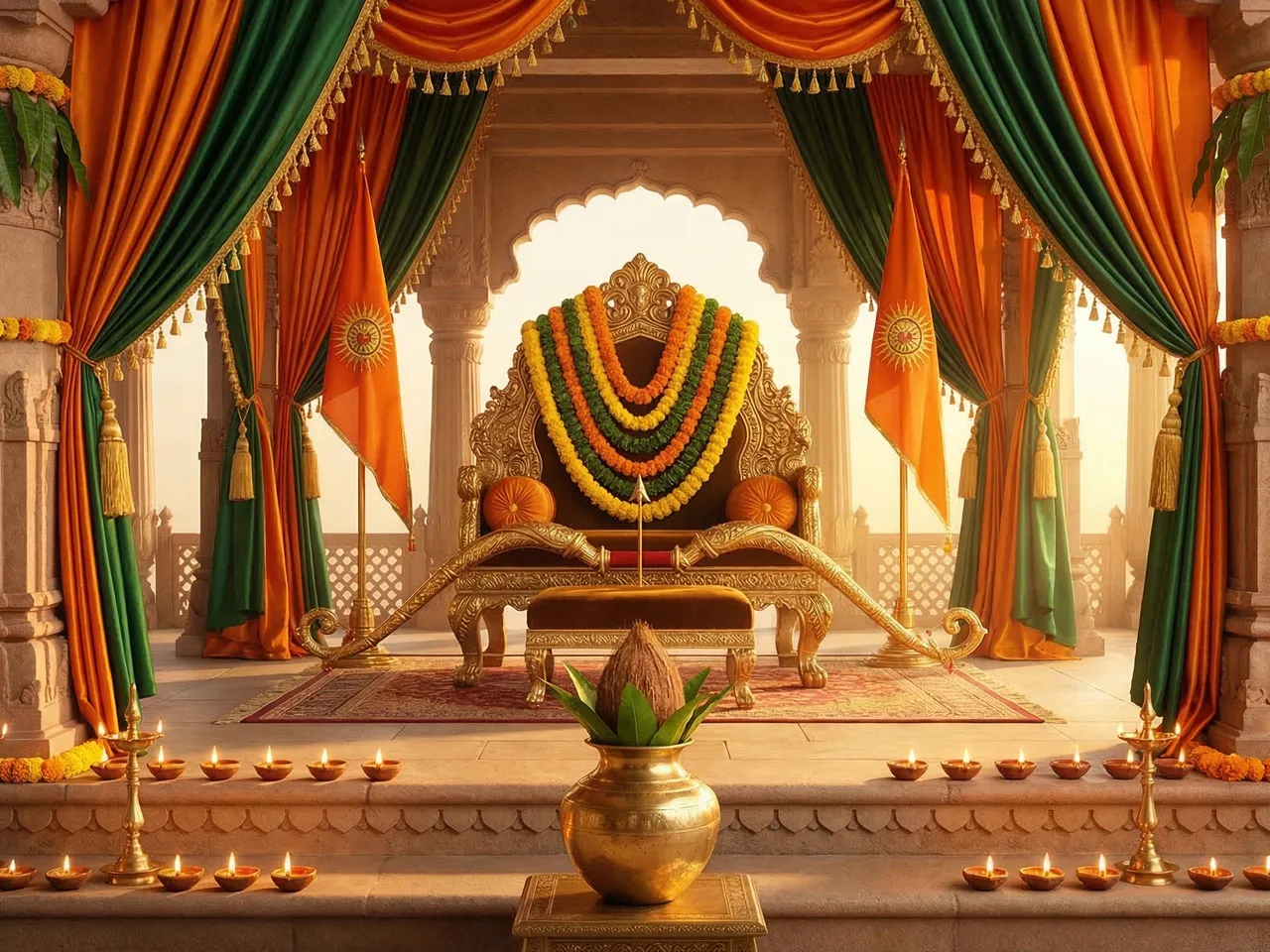 Ram Navami Laddu Gopal poshak: Saffron or green silk poshak with miniature bow-arrow prop