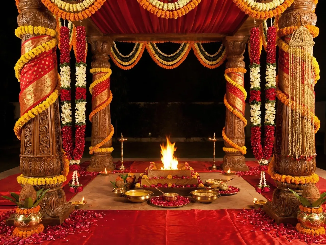 Vivah Panchami Laddu Gopal poshak: Bridal red and gold couple set with sehra and wedding mandap