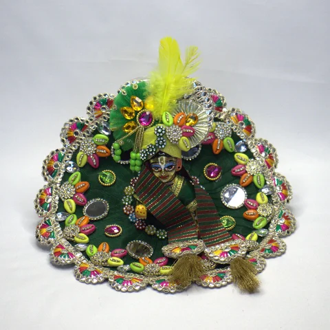 Dark Green Net Multicolor Shell Butti Mirror Work Shringar - Main