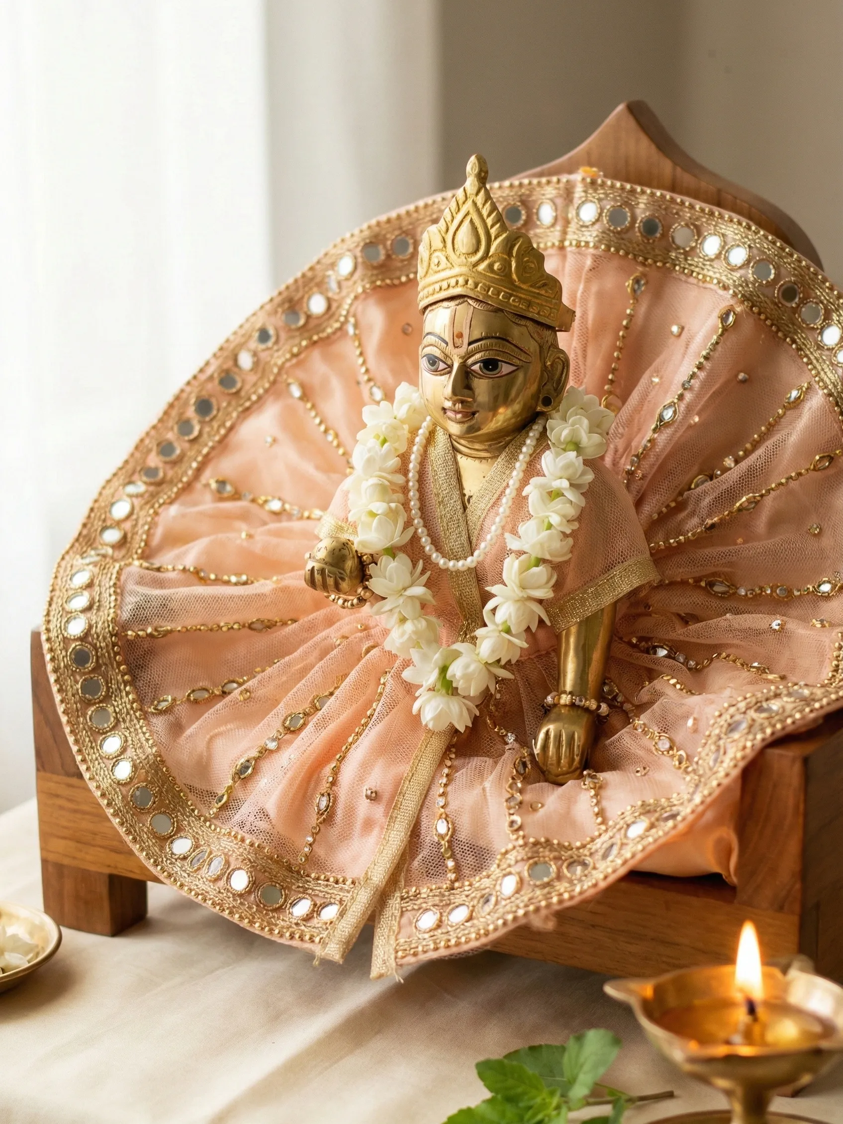 Laddu Gopal daily shringar in net and mirror-work poshak for home mandir