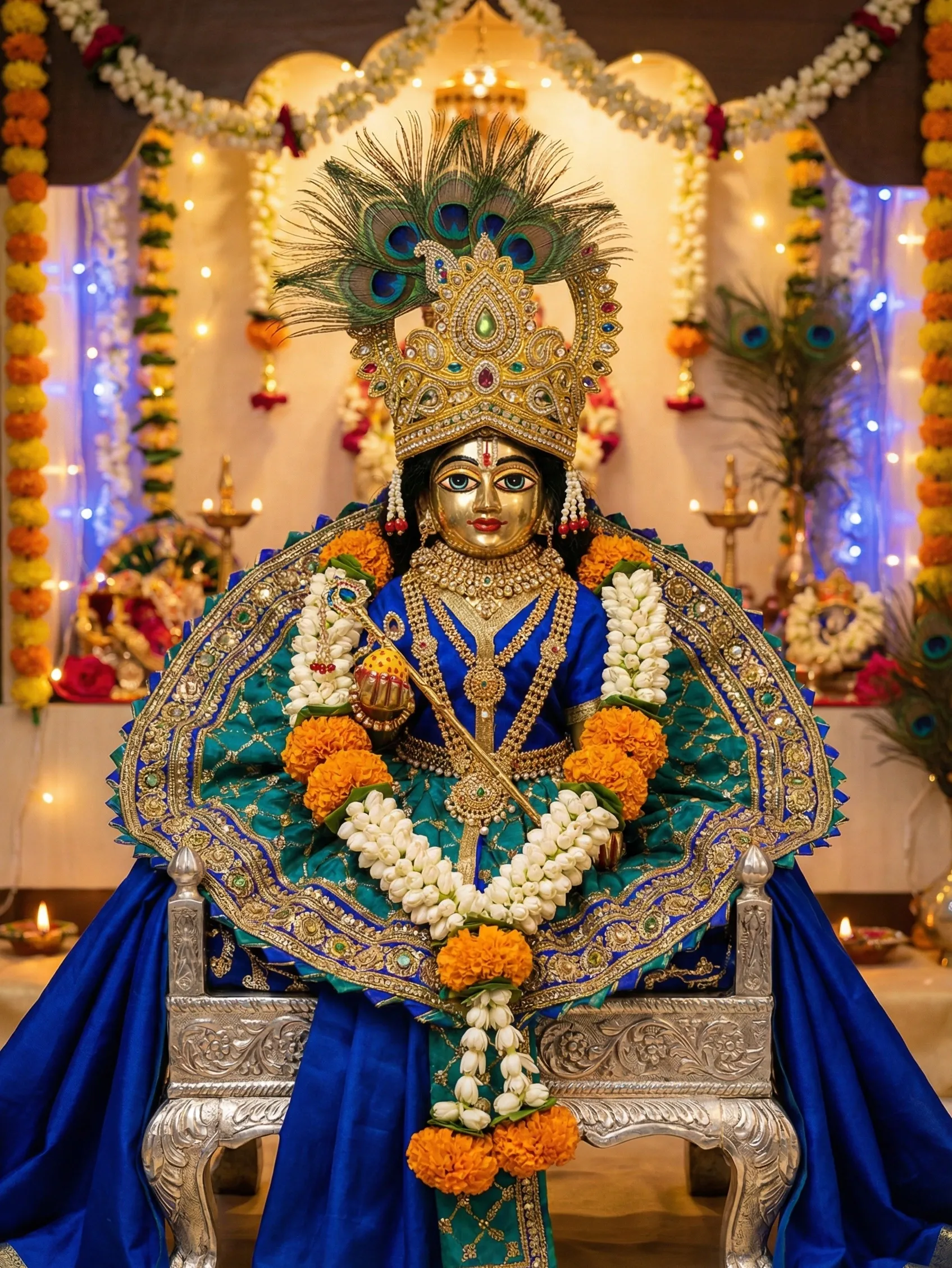 Janmashtami grand shringar for Laddu Gopal with peacock mukut and full jewellery set